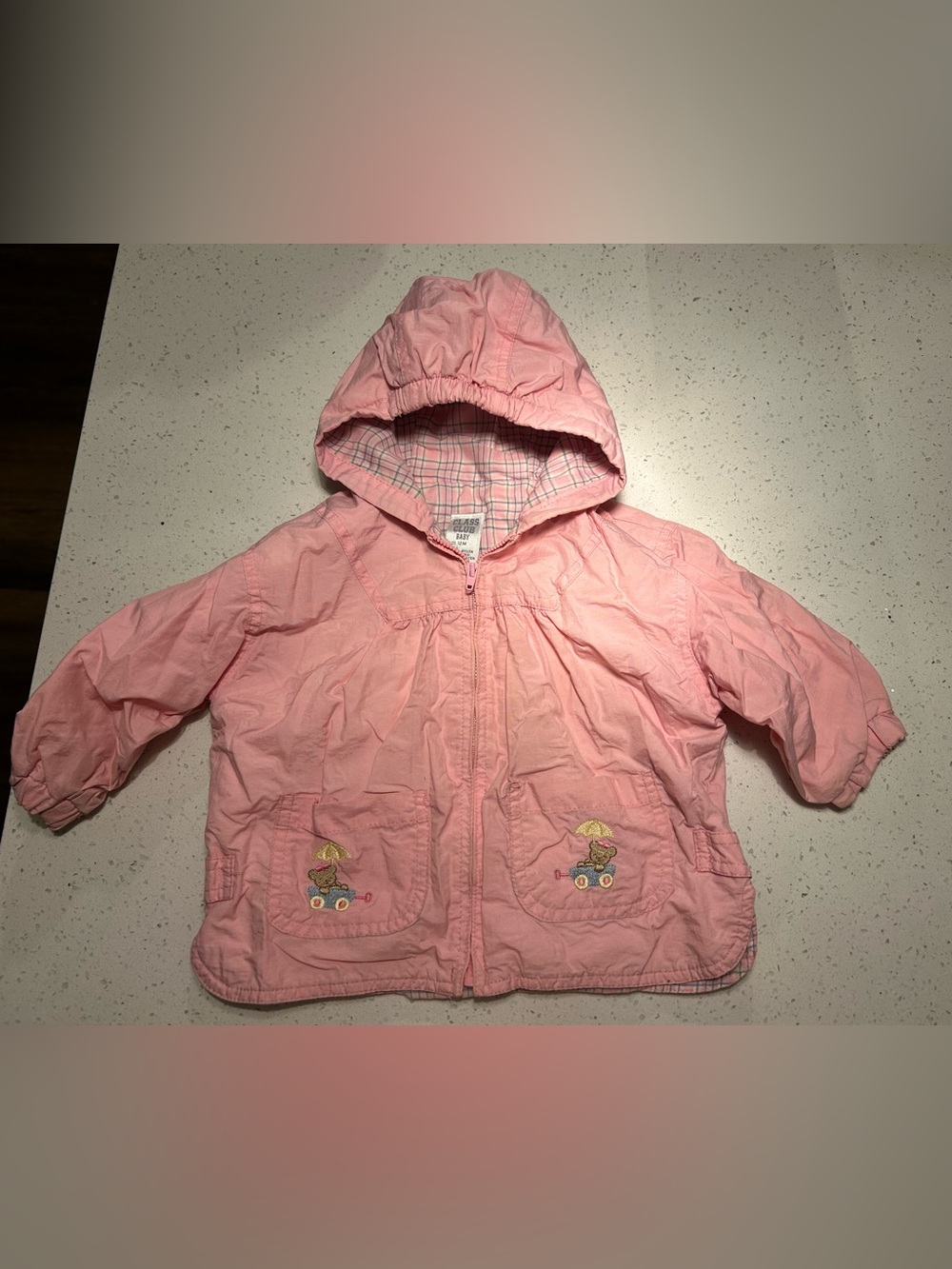 Vintage 90s Class Club Baby Pink Hooded Jacket 12M Teddy Bear Embroidered Plaid